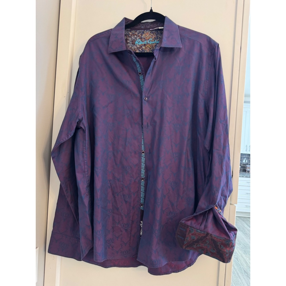 Robert Graham Mens XL Classic Fit Purple Blue Antler Jacquard Button Down Shirt